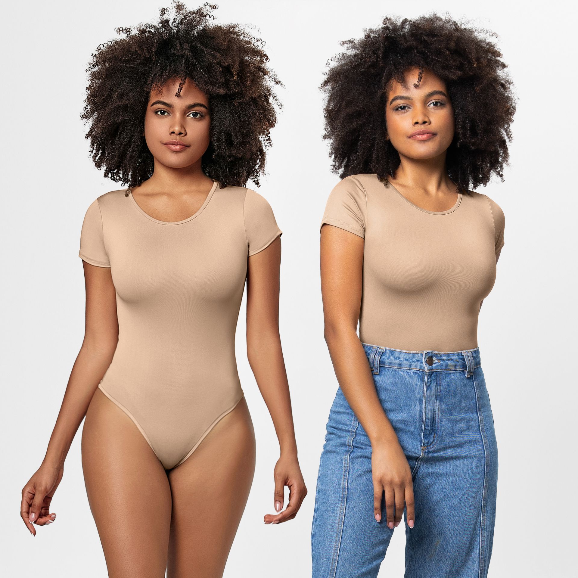 Womens Seamless Short Sleeve Bodysuit - Round Neck Thong Body Shaper